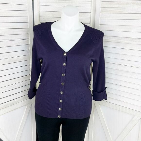 Peck & Peck Collection V Neck Chain Detail Cardigan Sweater Purple XL Button - Picture 1 of 11
